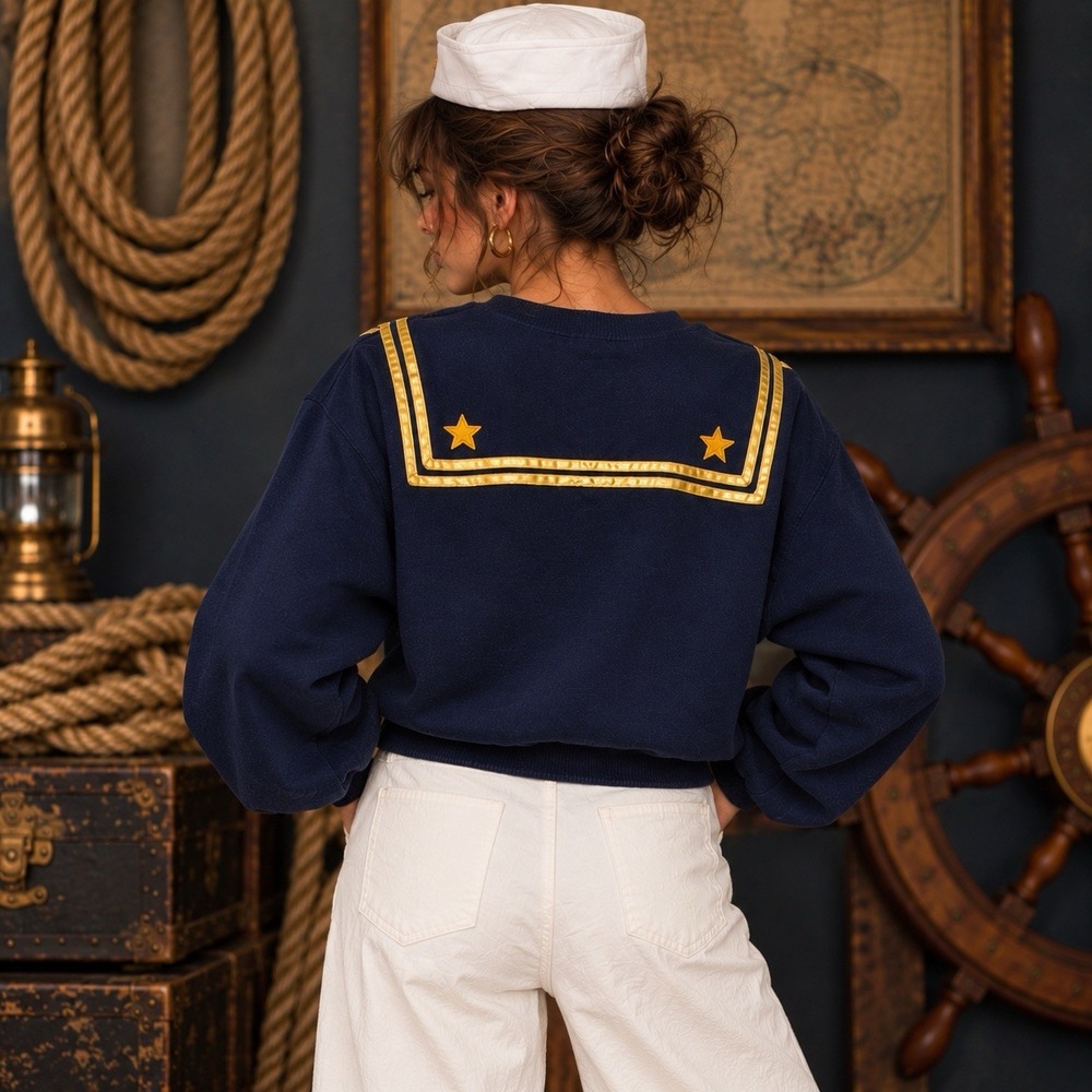 Vtg 1980s HALLOWEEN COSTUME XL Navy Blue Sailor Nautical Sweatshirt Crewneck - Picture 4 of 16